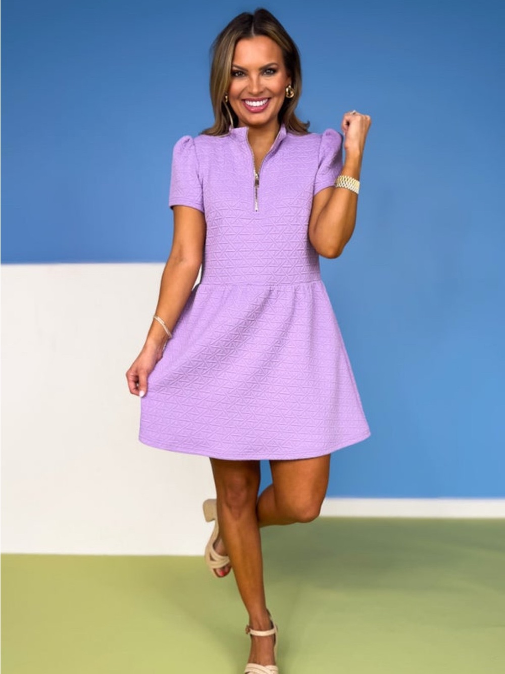 SSYS Lainey Drezs Lavender Textured Zip Front Fit & Flare Dress Preppy Quilted